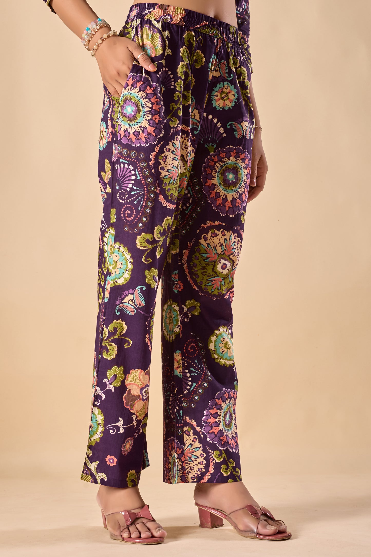 Violet Cotton Floral Print A-Line Co-Ord Set