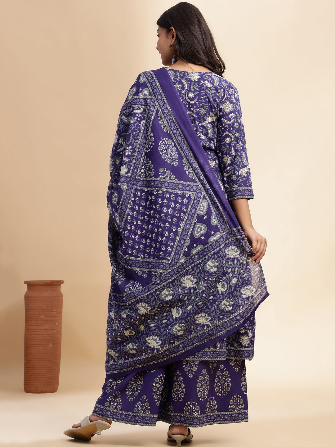 Blue Floral Print A-Line Cotton Stitched Kurta Set