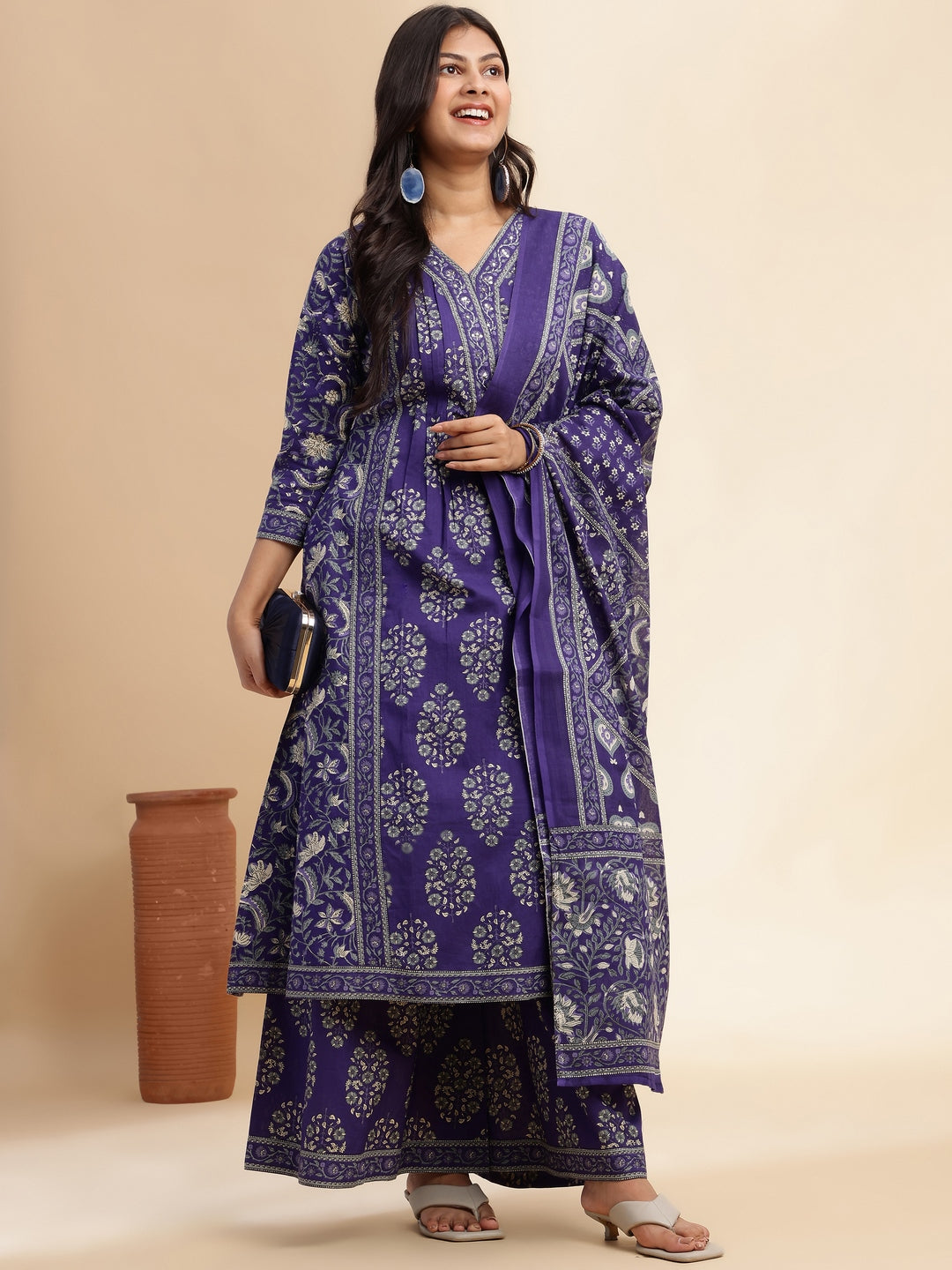 Blue Floral Print A-Line Cotton Stitched Kurta Set