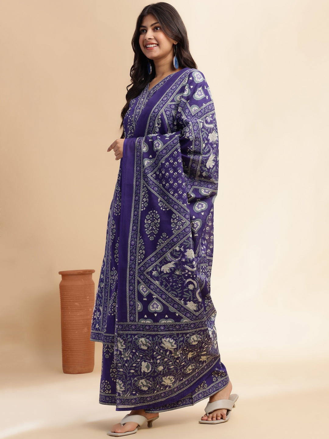 Blue Floral Print A-Line Cotton Stitched Kurta Set