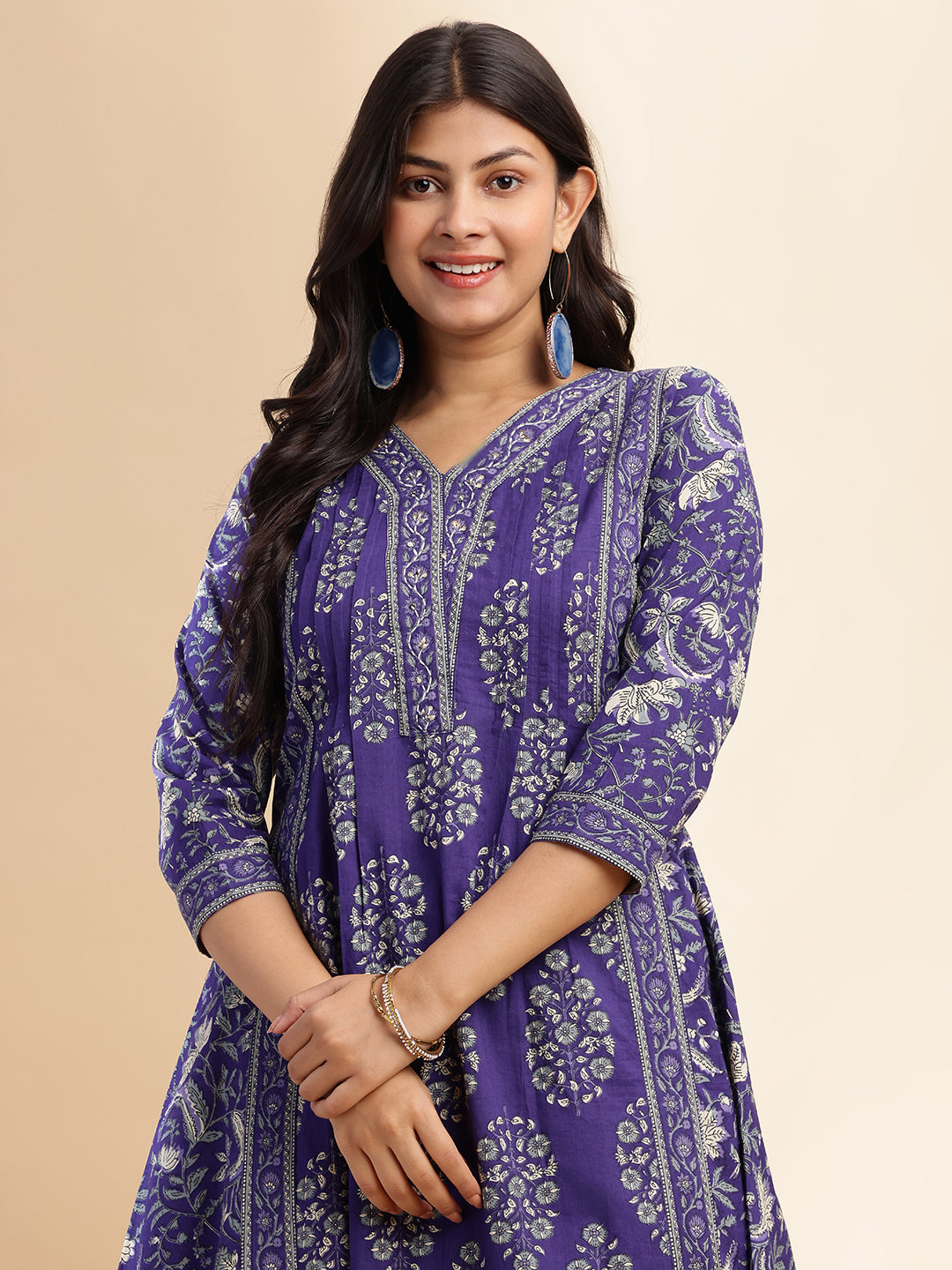 Blue Floral Print A-Line Cotton Stitched Kurta Set