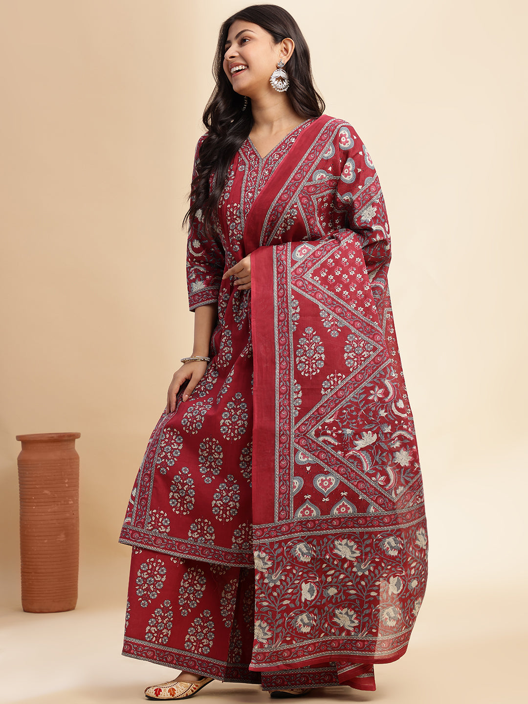 Red Floral Print A-Line Cotton Stitched Kurta Set