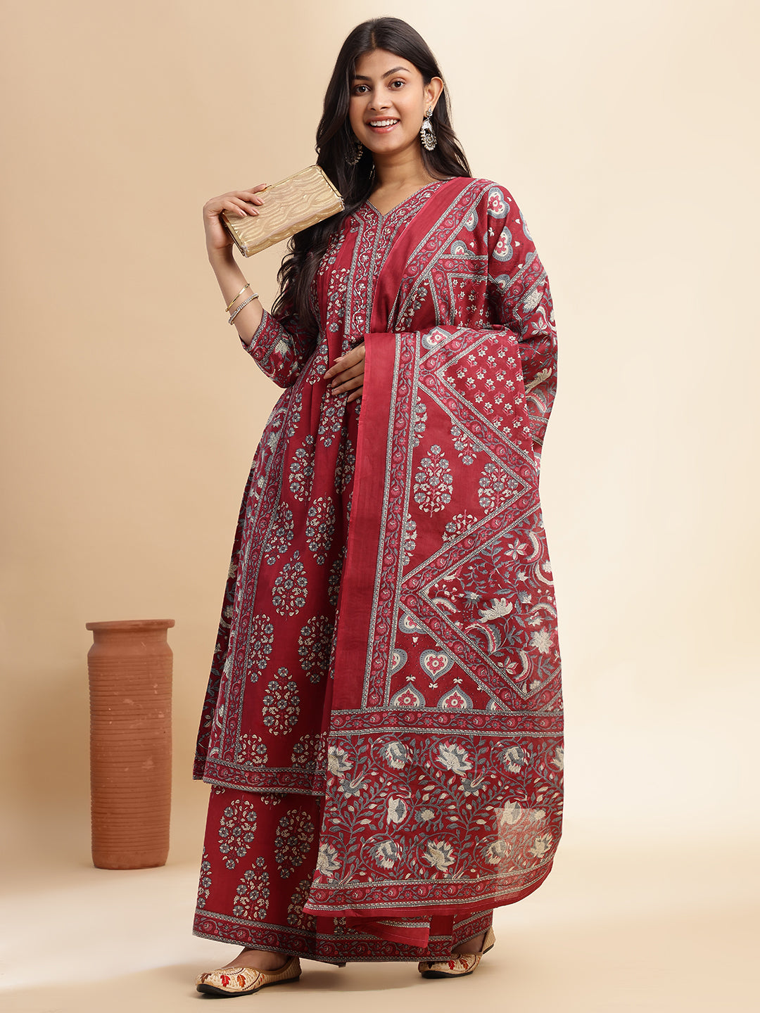 Red Floral Print A-Line Cotton Stitched Kurta Set