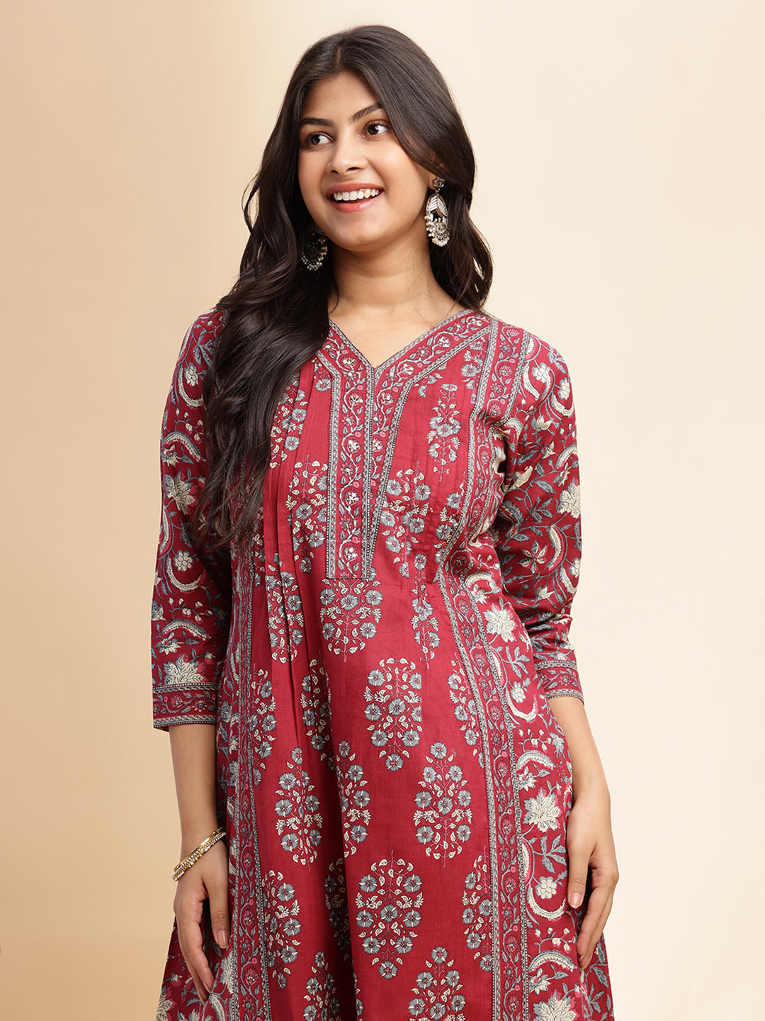 Red Floral Print A-Line Cotton Stitched Kurta Set