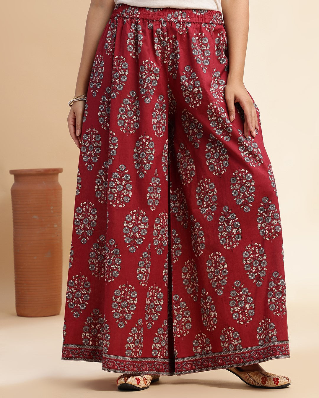 Red Floral Print A-Line Cotton Stitched Kurta Set