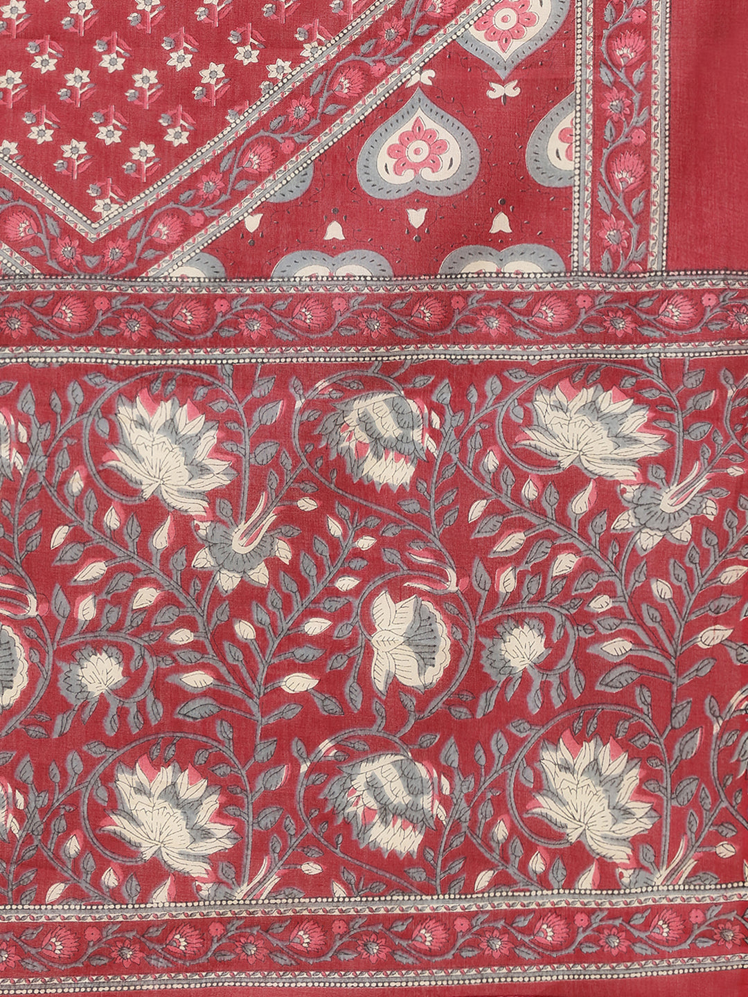 Red Floral Print A-Line Cotton Stitched Kurta Set