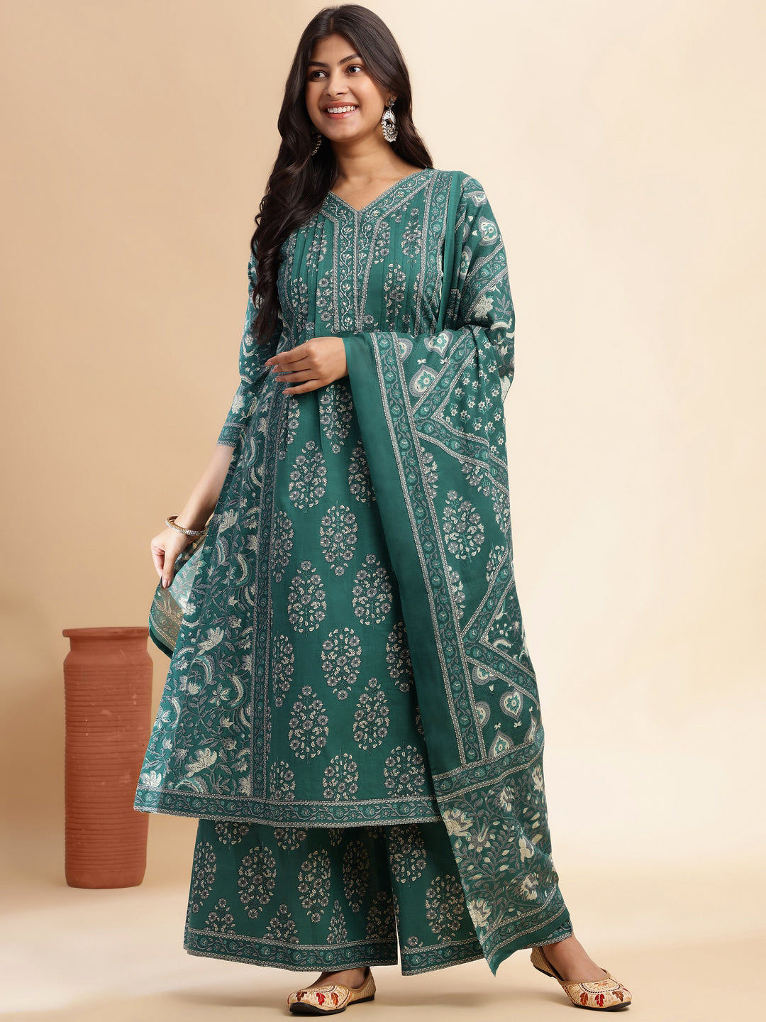 Teal Floral Print A-Line Cotton Stitched Kurta Set
