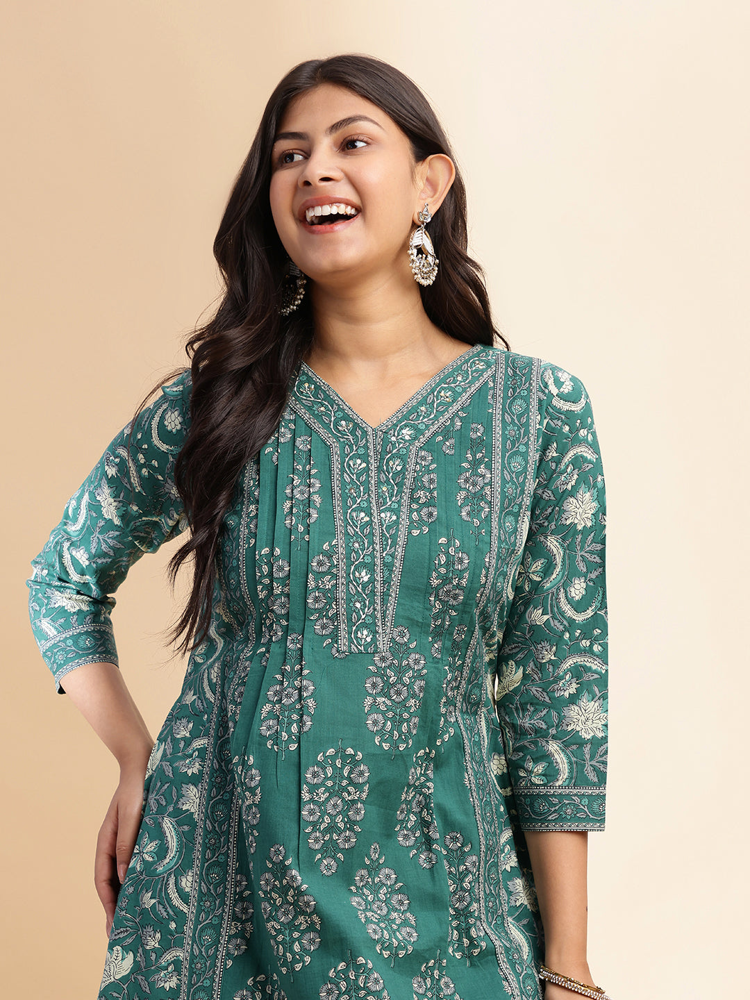 Teal Floral Print A-Line Cotton Stitched Kurta Set