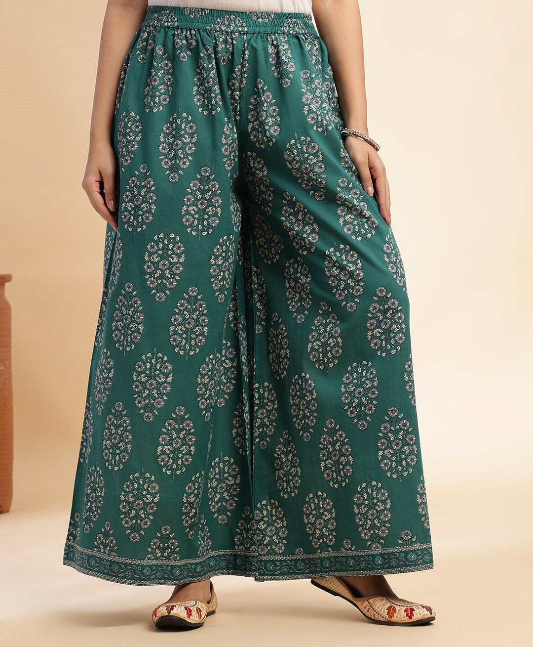 Teal Floral Print A-Line Cotton Stitched Kurta Set