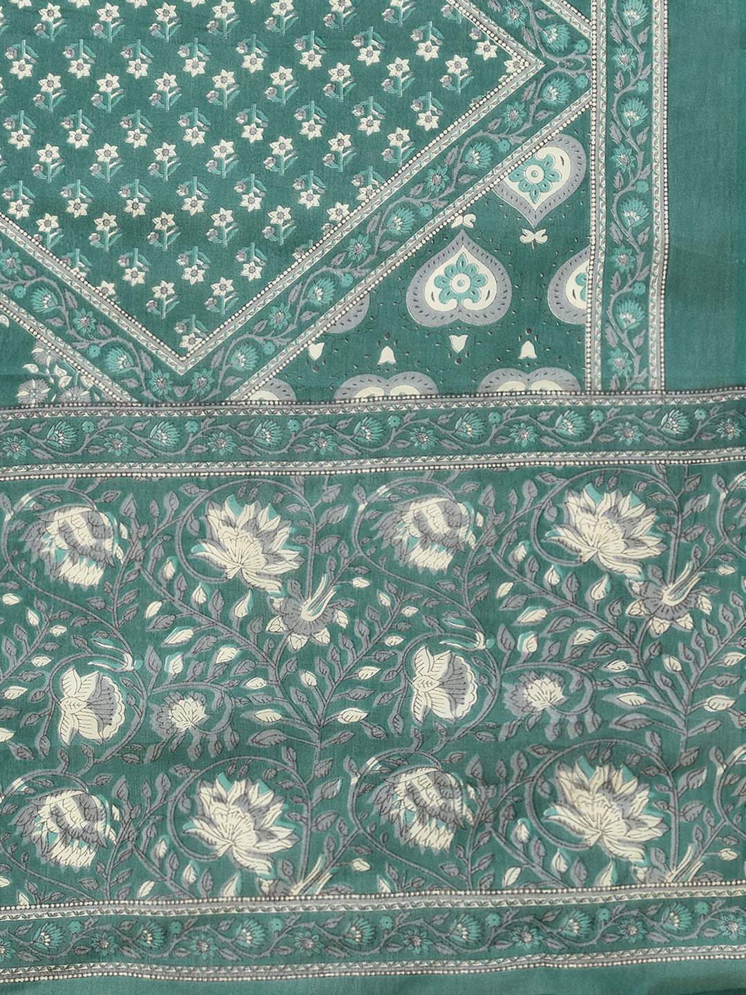 Teal Floral Print A-Line Cotton Stitched Kurta Set