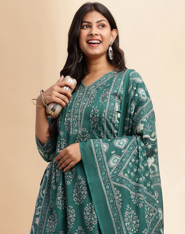 Teal Floral Print A-Line Cotton Stitched Kurta Set