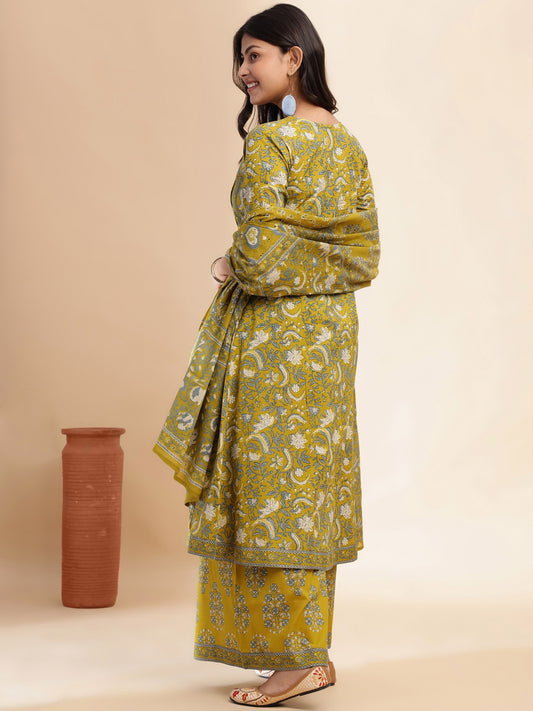 Mehendi Green Floral Print A-Line Cotton Stitched Kurta Set