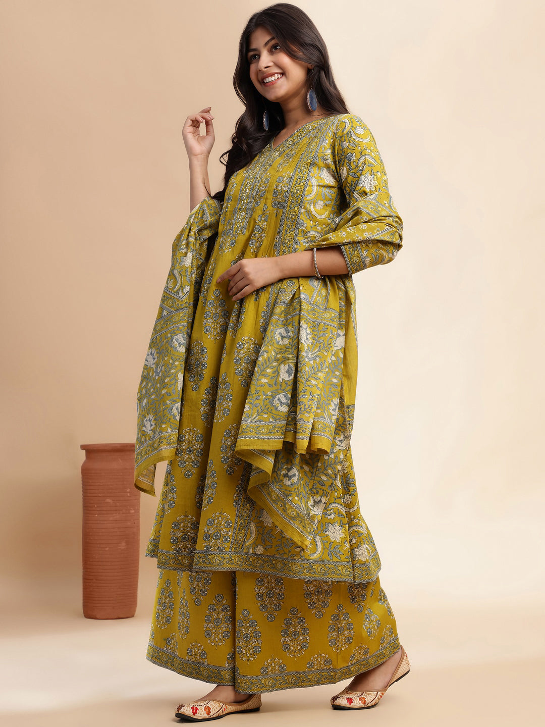 Mehendi Green Floral Print A-Line Cotton Stitched Kurta Set