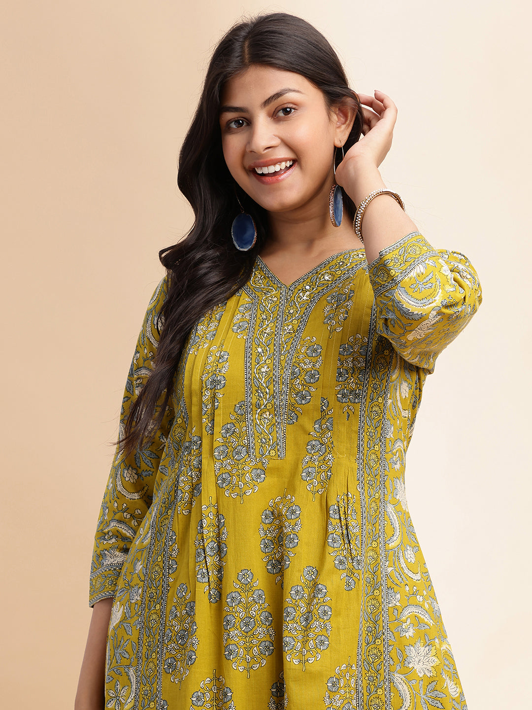 Mehendi Green Floral Print A-Line Cotton Stitched Kurta Set