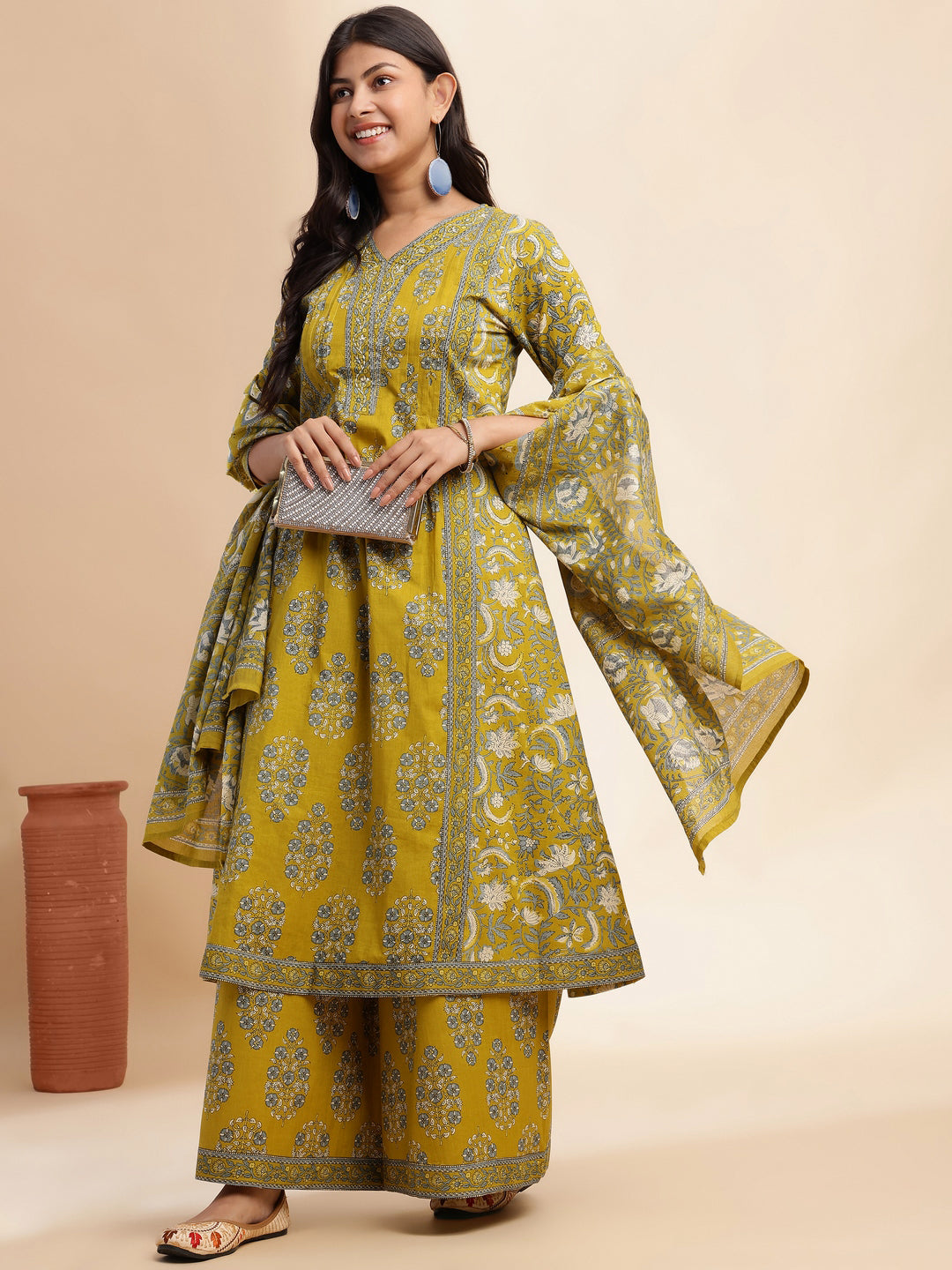 Mehendi Green Floral Print A-Line Cotton Stitched Kurta Set