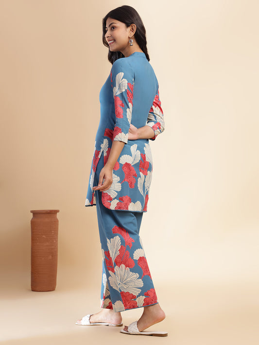 Aqua Blue Cotton Floral Printed Straight Co-Ord Set