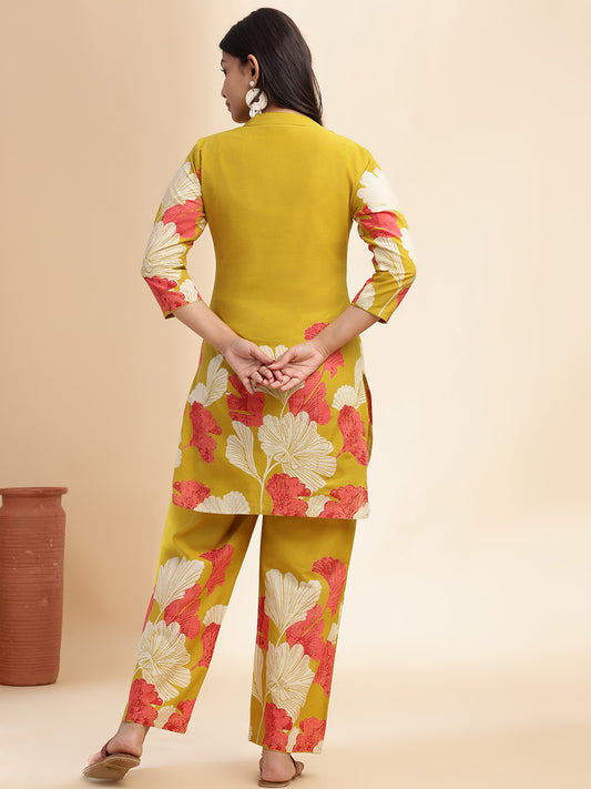 Mehendi Green Cotton Floral Printed Straight Co-Ord Set