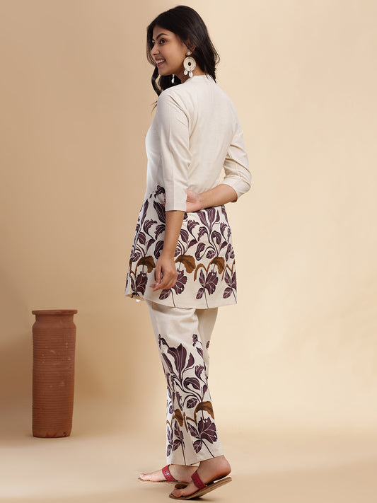 Purple Cotton flex Floral Printed A-Line Co-Ord Set