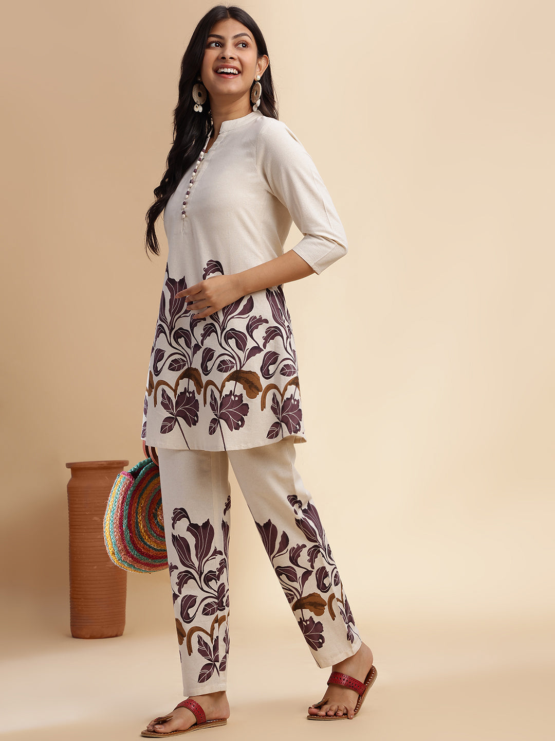 Purple Cotton flex Floral Printed A-Line Co-Ord Set
