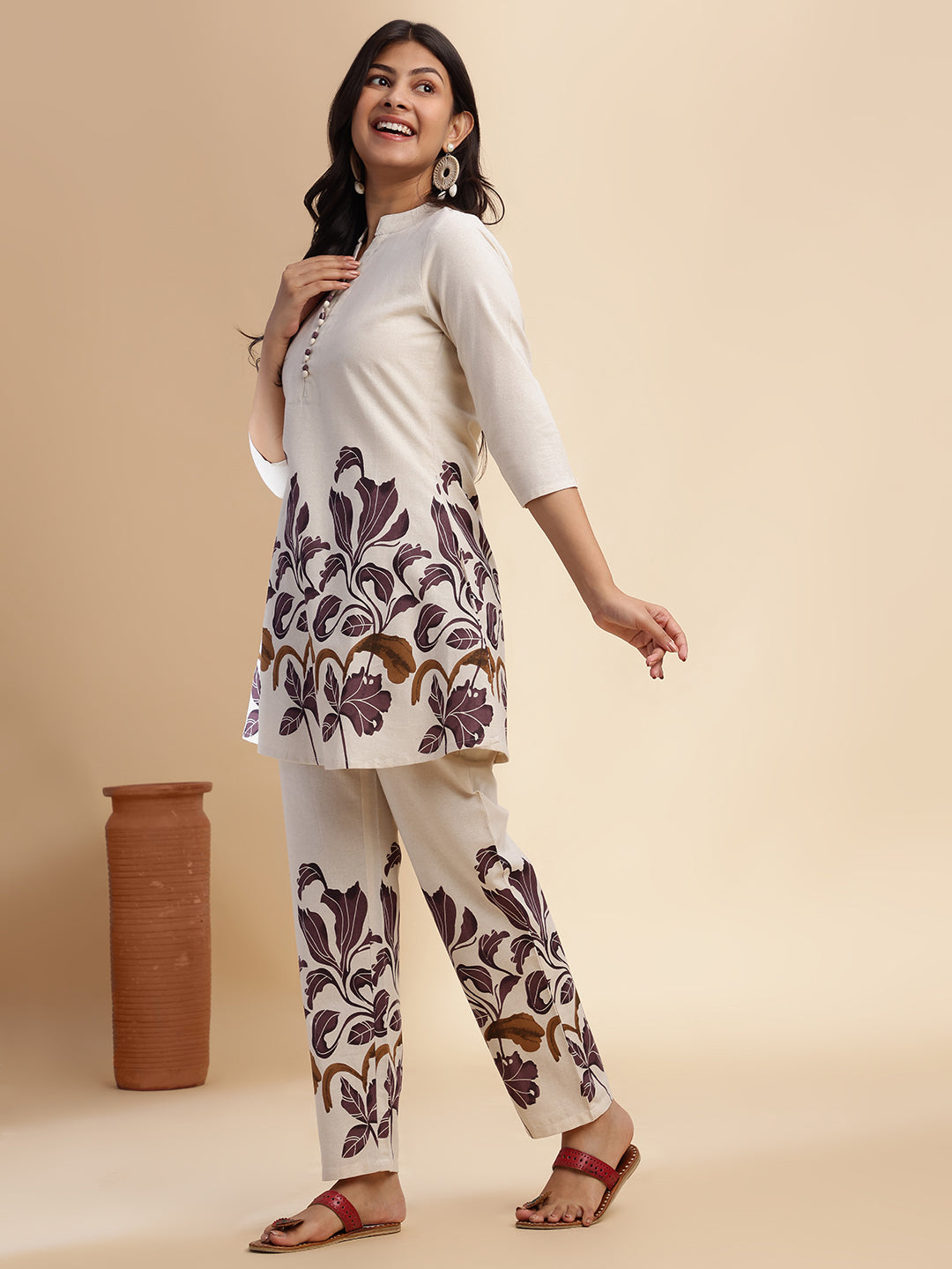 Purple Cotton flex Floral Printed A-Line Co-Ord Set