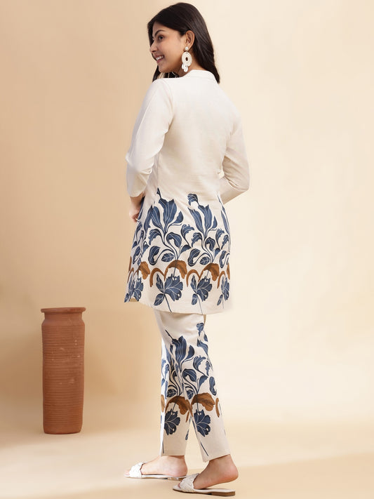 Blue Cotton flex Floral Printed A-Line Co-Ord Set