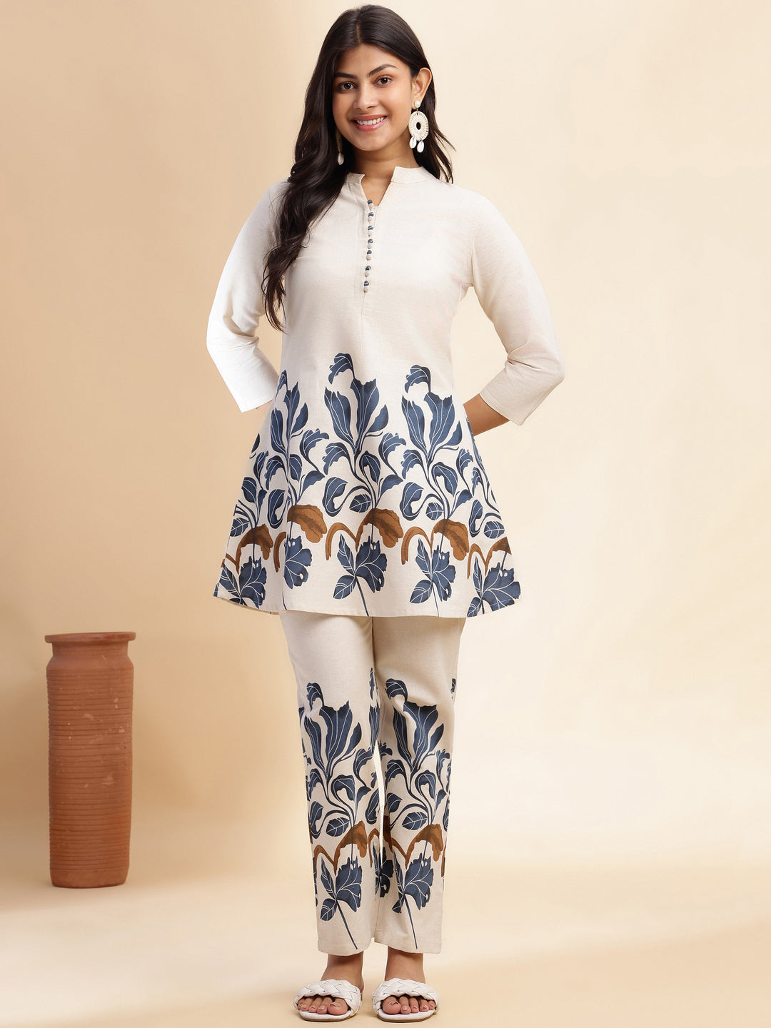 Blue Cotton flex Floral Printed A-Line Co-Ord Set