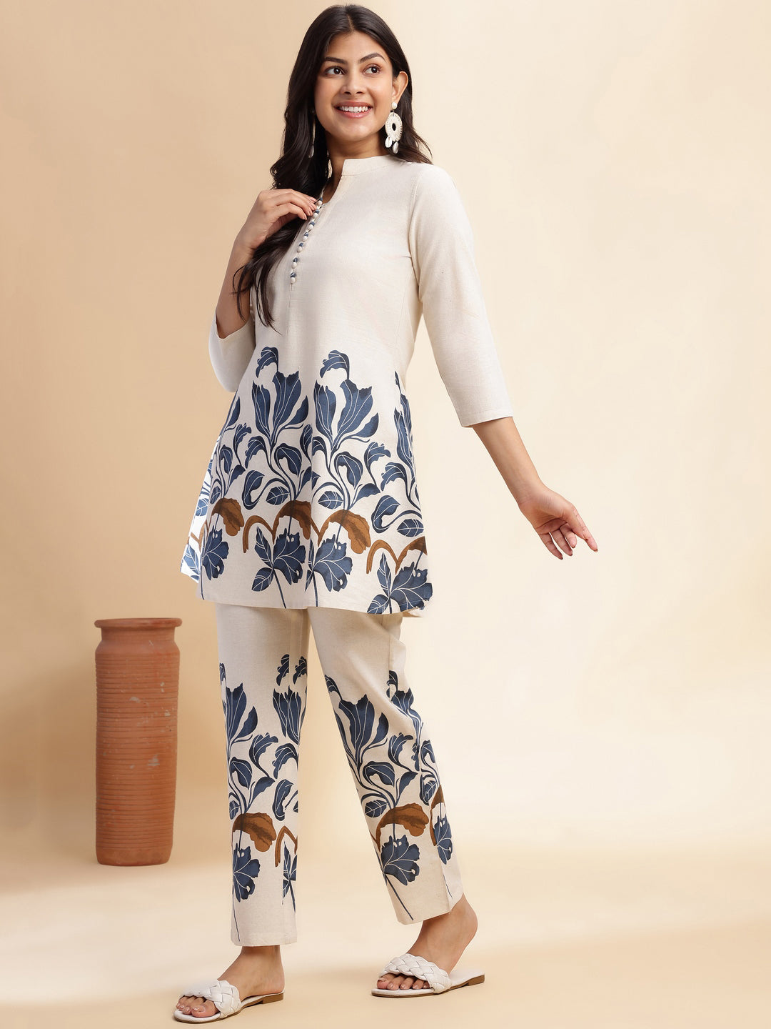 Blue Cotton flex Floral Printed A-Line Co-Ord Set