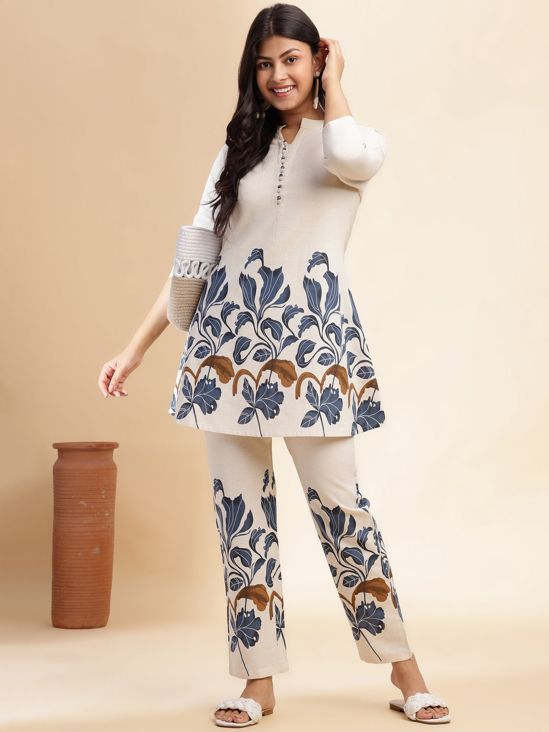 Blue Cotton flex Floral Printed A-Line Co-Ord Set