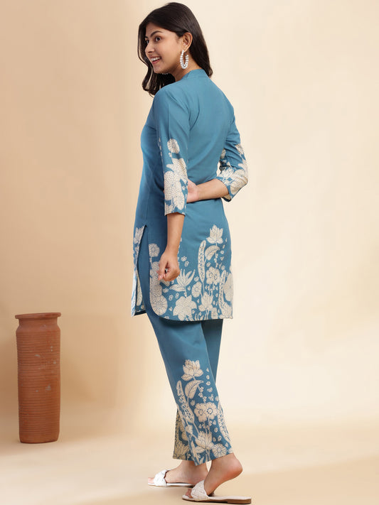 Aqua Blue Cotton Floral Printed Straight Co-Ord Set