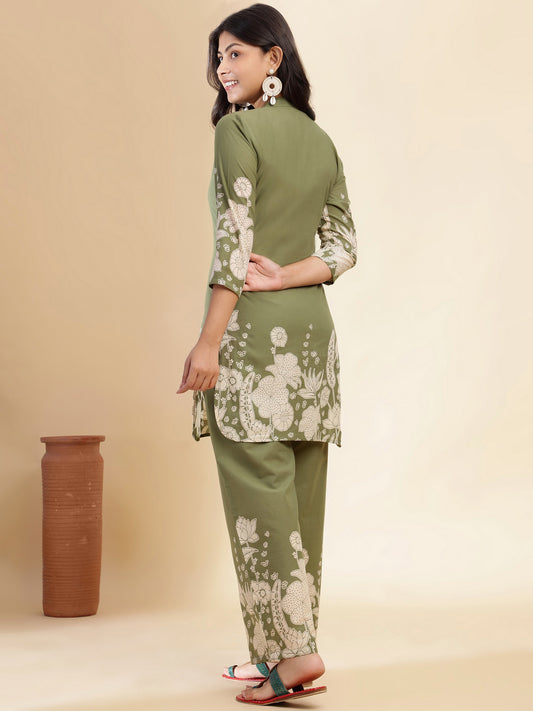 Mehendi Green Cotton Floral Printed Straight Co-Ord Set
