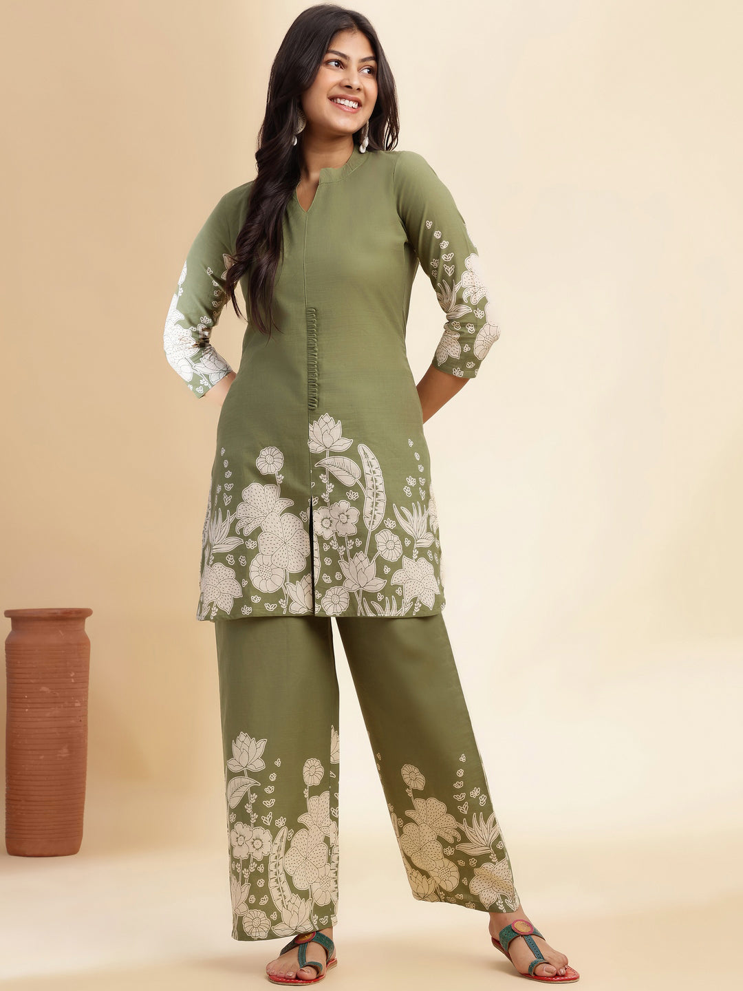 Mehendi Green Cotton Floral Printed Straight Co-Ord Set