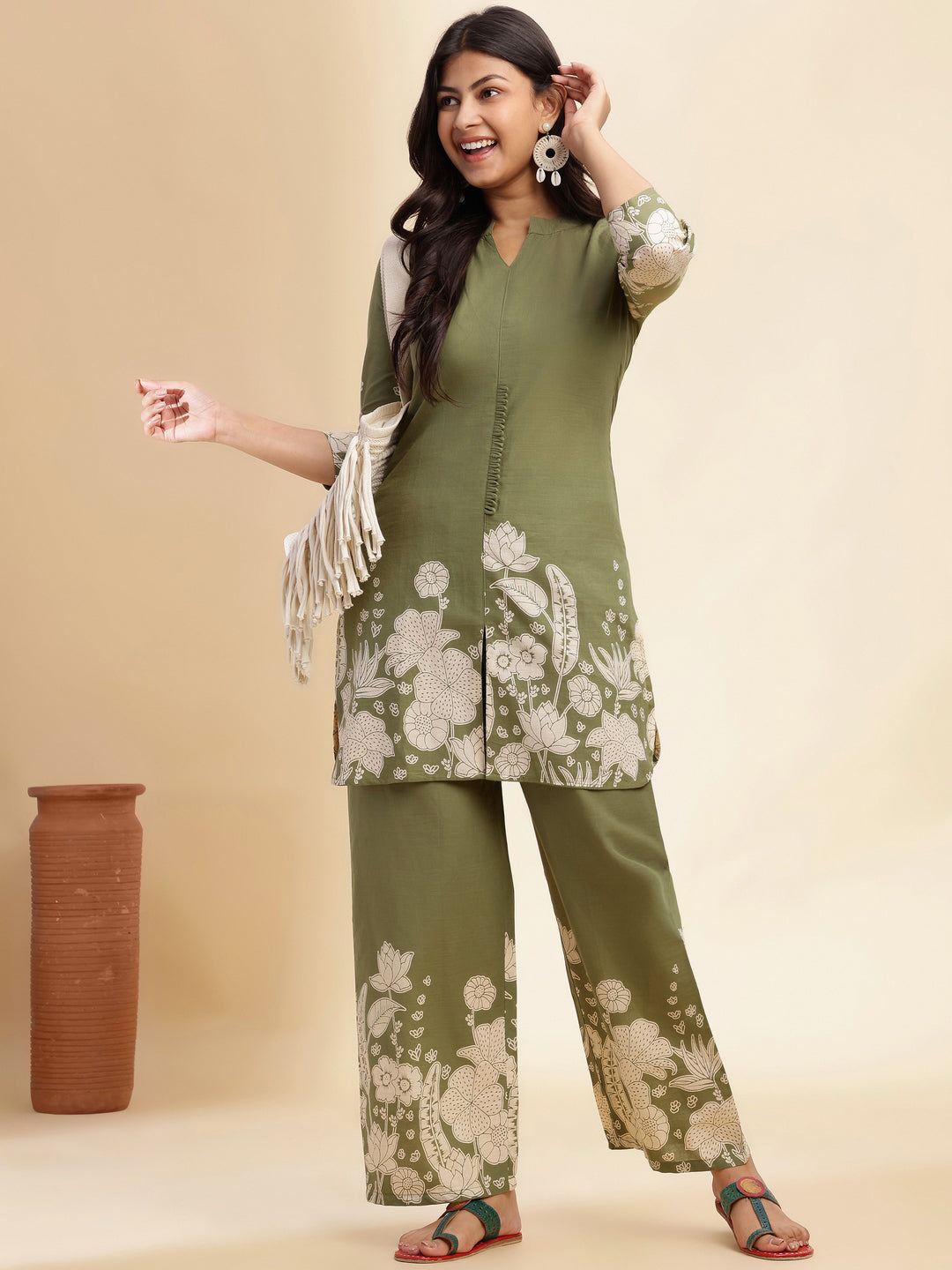 Mehendi Green Cotton Floral Printed Straight Co-Ord Set