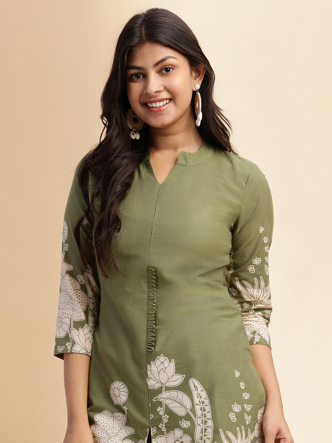 Mehendi Green Cotton Floral Printed Straight Co-Ord Set