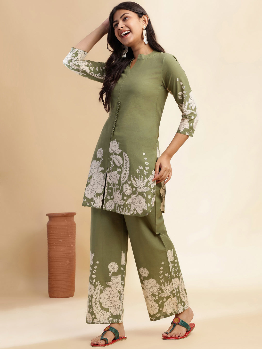 Mehendi Green Cotton Floral Printed Straight Co-Ord Set