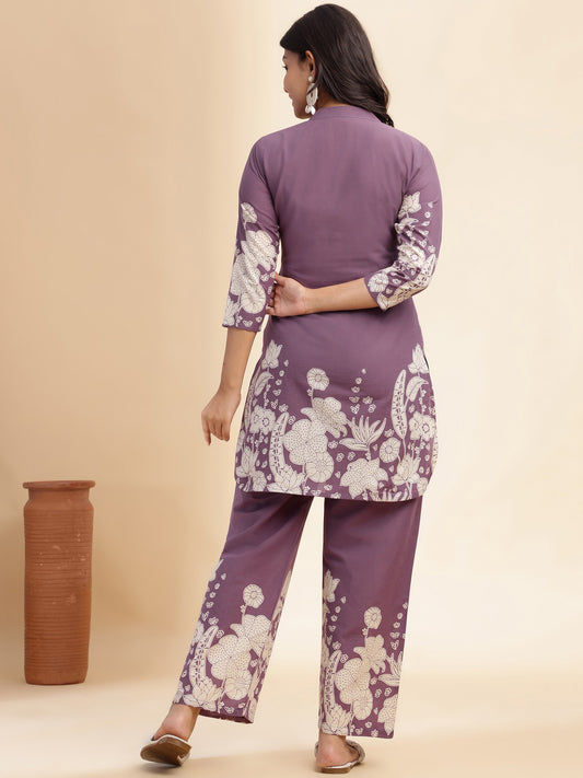 Lavender Cotton Floral Printed Straight Co-Ord Set