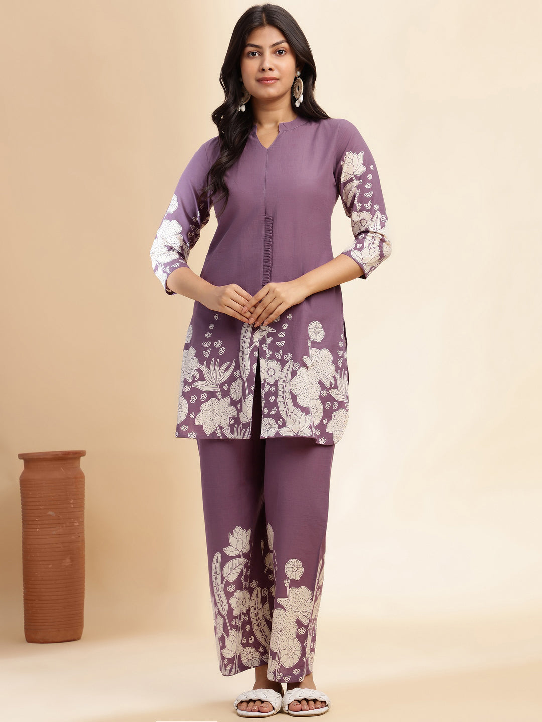 Lavender Cotton Floral Printed Straight Co-Ord Set
