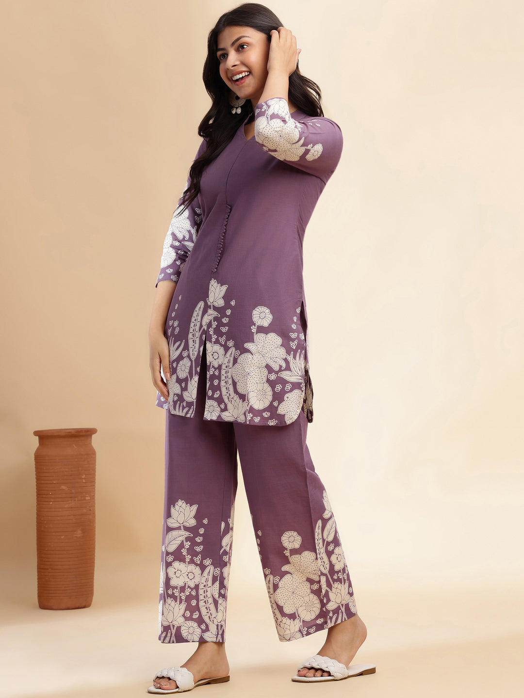 Lavender Cotton Floral Printed Straight Co-Ord Set