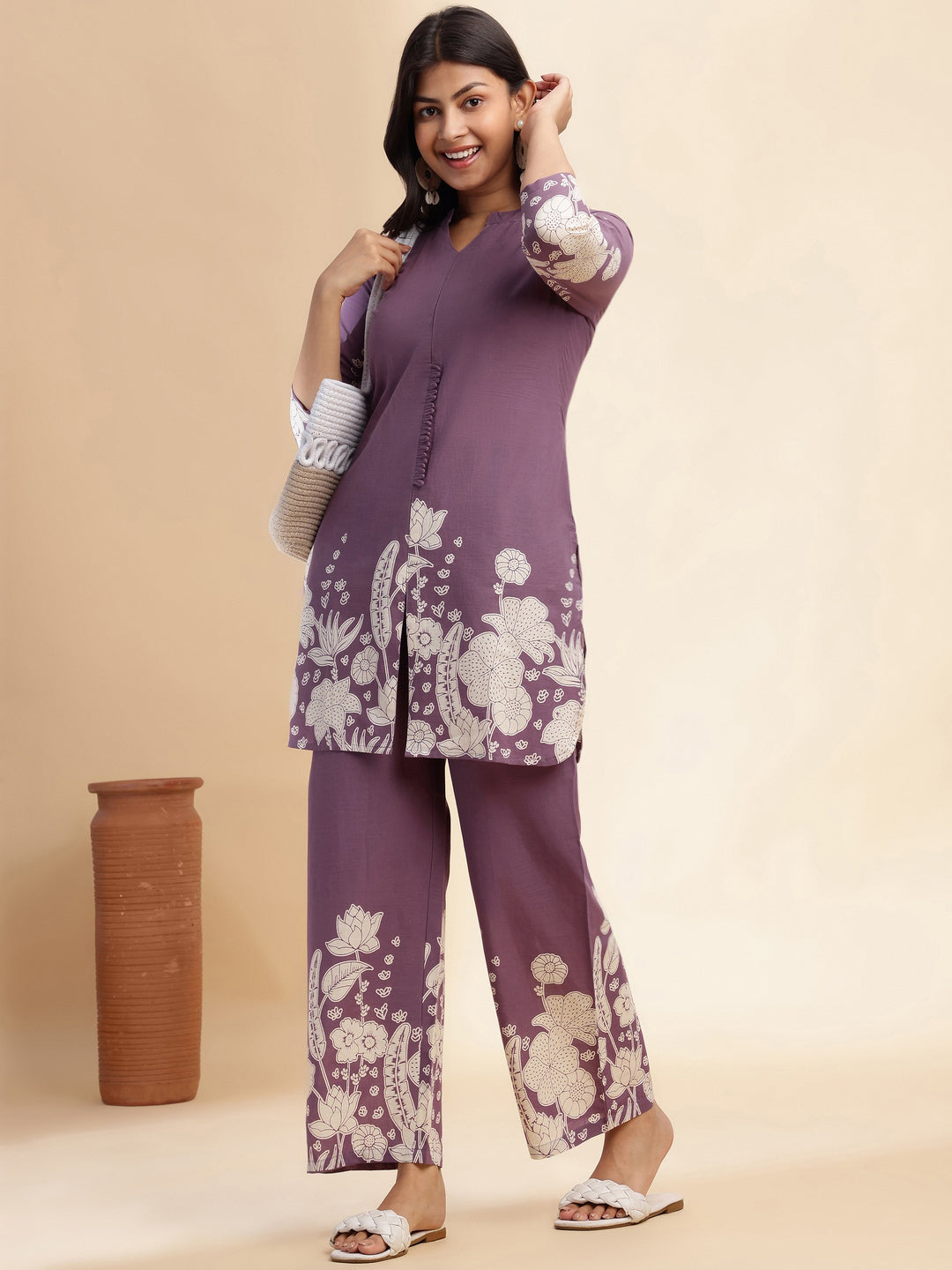 Lavender Cotton Floral Printed Straight Co-Ord Set