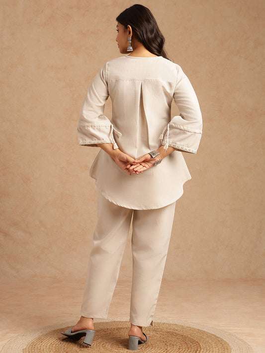 Off-White Linen Embroidered A-Line Co-Ord Set
