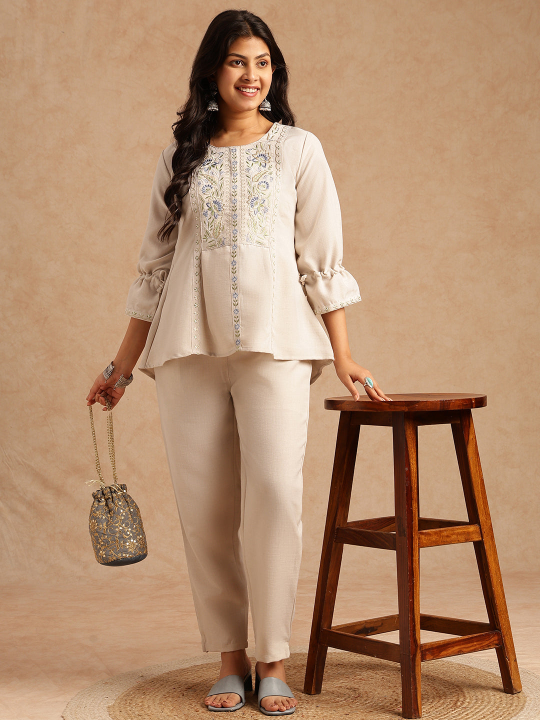 Off-White Linen Embroidered A-Line Co-Ord Set