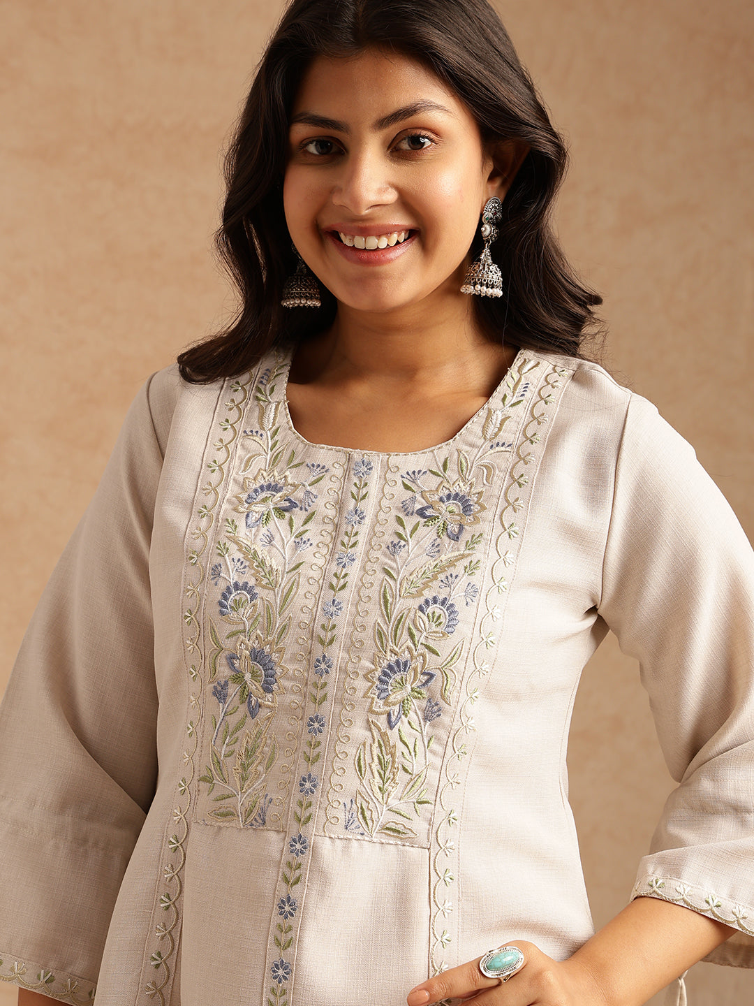 Off-White Linen Embroidered A-Line Co-Ord Set
