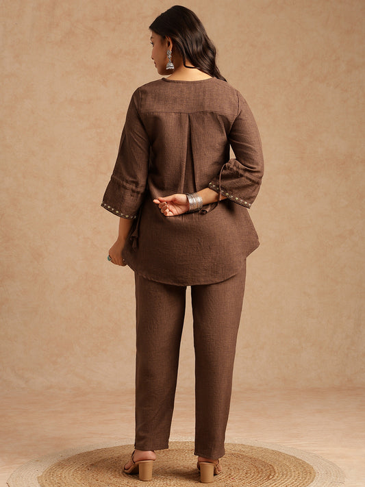 Brown Linen Embroidered A-Line Co-Ord Set