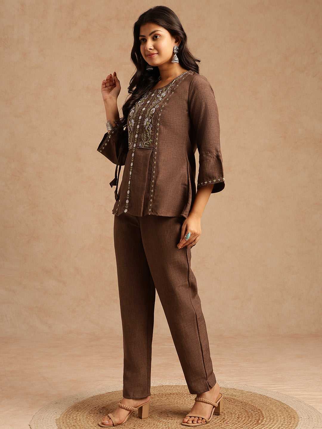 Brown Linen Embroidered A-Line Co-Ord Set