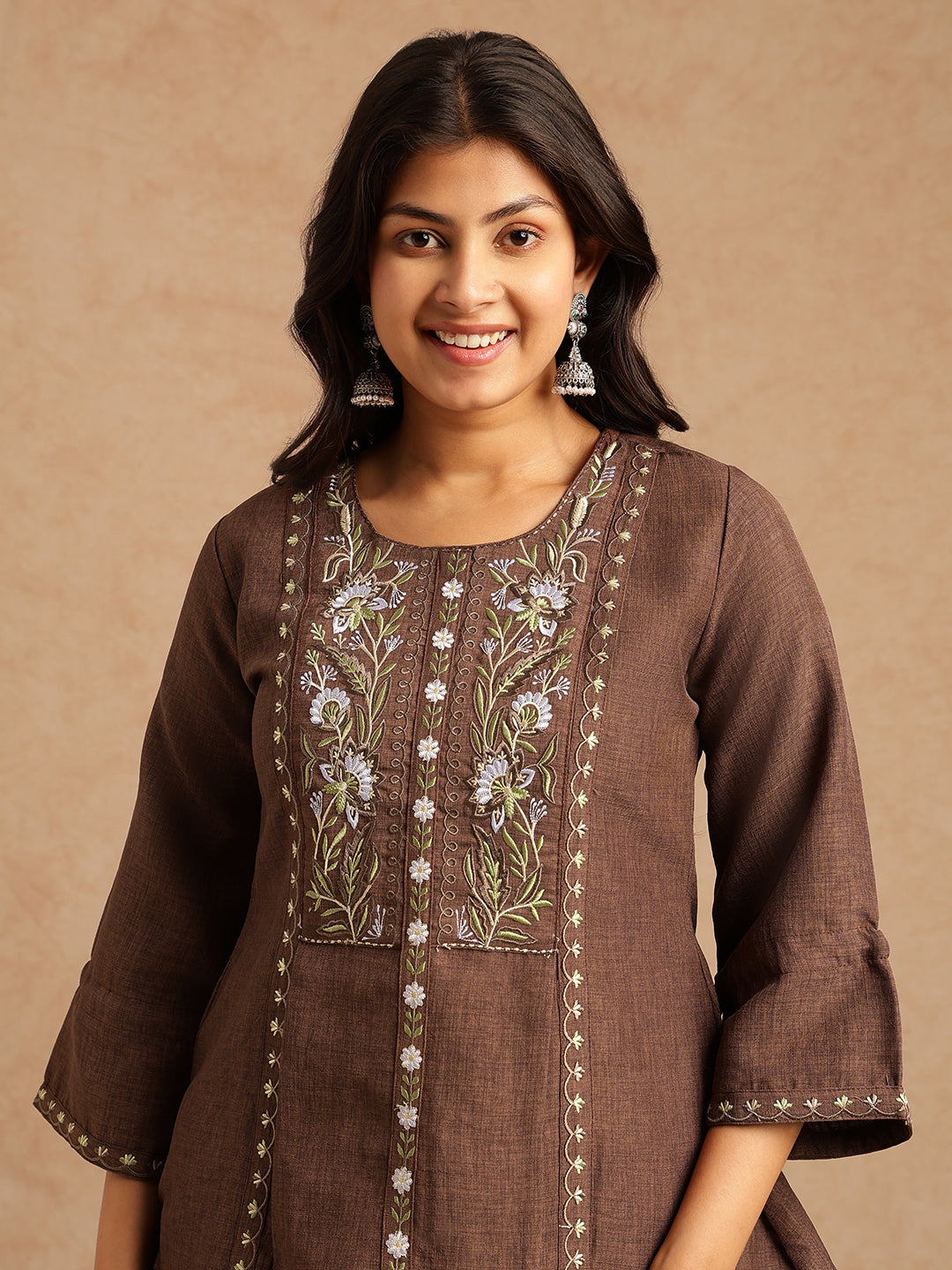 Brown Linen Embroidered A-Line Co-Ord Set
