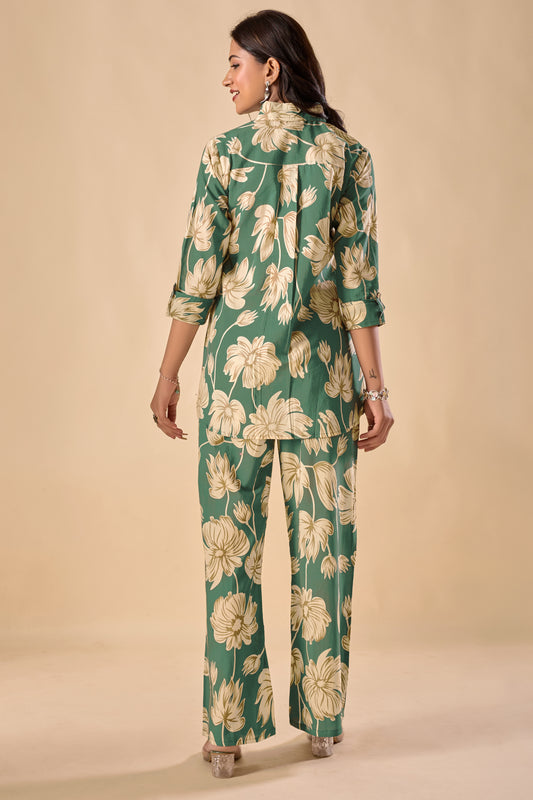 Mint Green Cotton Floral Print A-Line Co-Ord Set