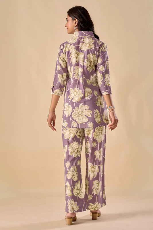 Lavender Cotton Floral Print A-Line Co-Ord Set