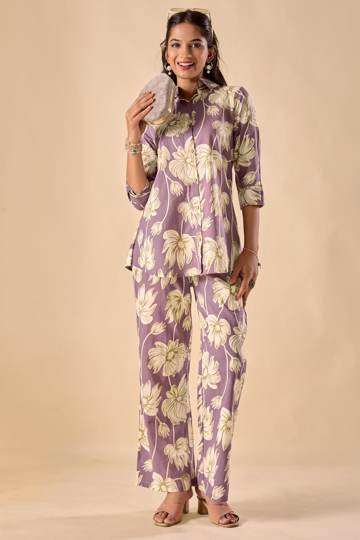 Lavender Cotton Floral Print A-Line Co-Ord Set