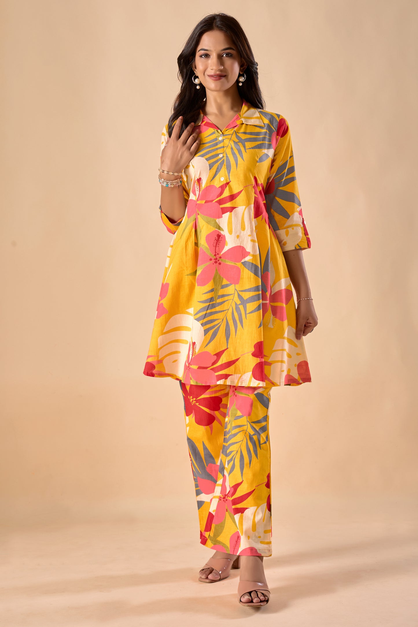 Mustard Cotton Floral Print A-Line Co-Ord Set