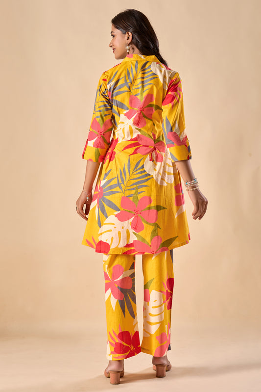 Mustard Cotton Floral Print A-Line Co-Ord Set