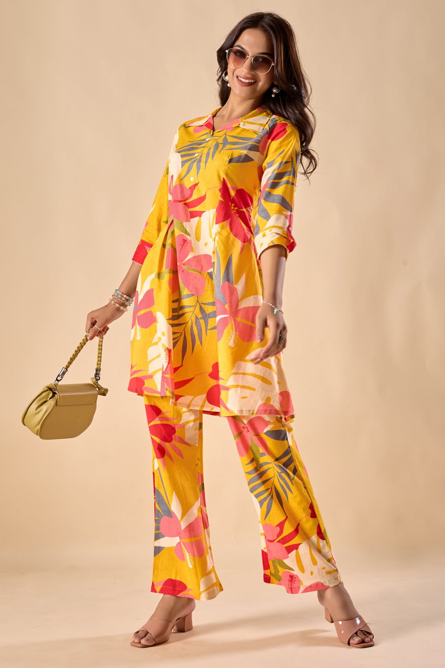 Mustard Cotton Floral Print A-Line Co-Ord Set